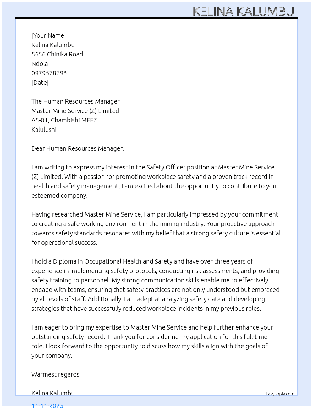 Safety Officer  At  Master Mine Service (Z) Limited A5-01, Chambishi MFEZ Kalulushi. Cover Letter
