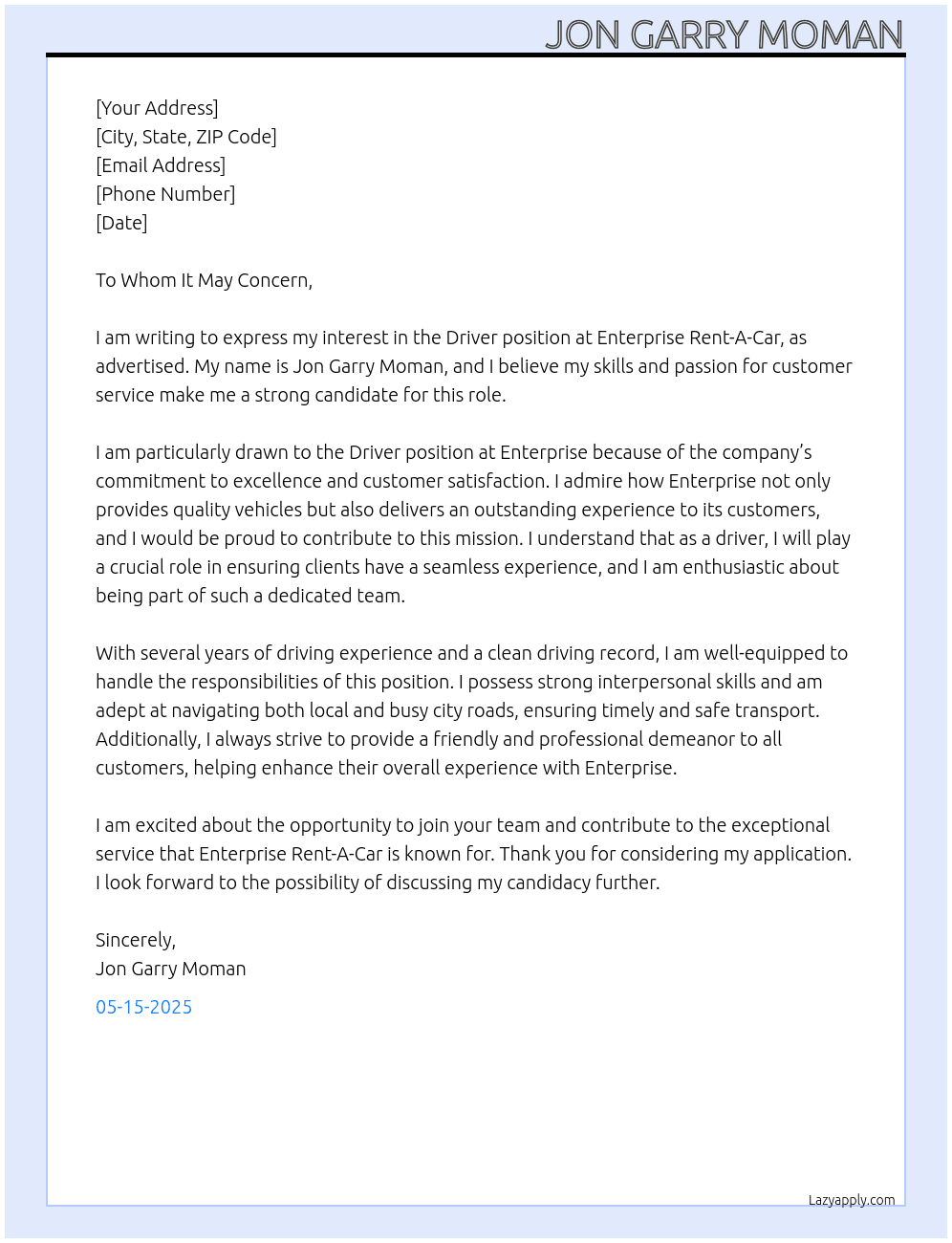 Driver At enterprise rent a car Cover Letter