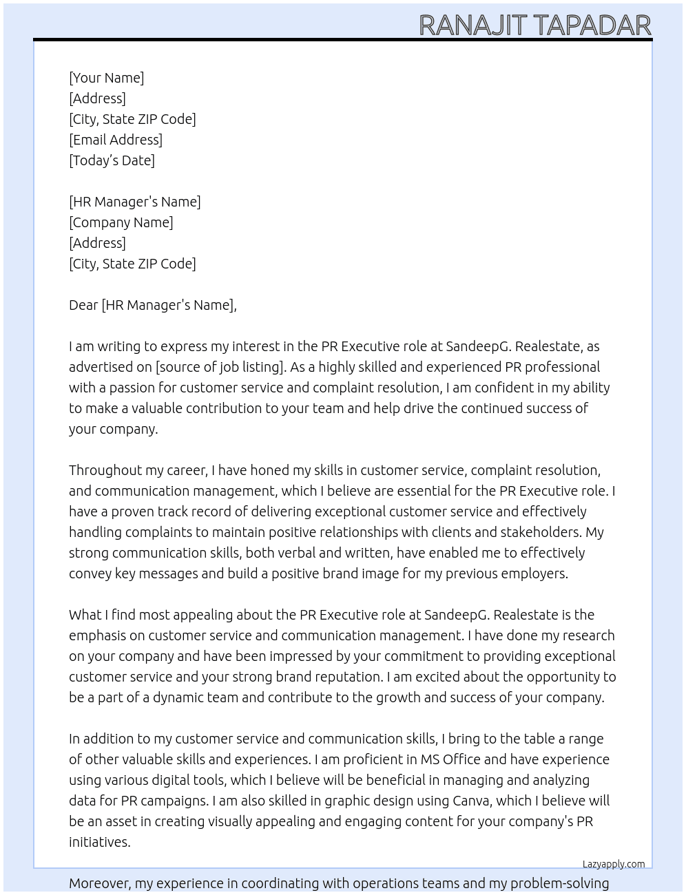 PR Executive At SandeepG. Realestate Cover Letter