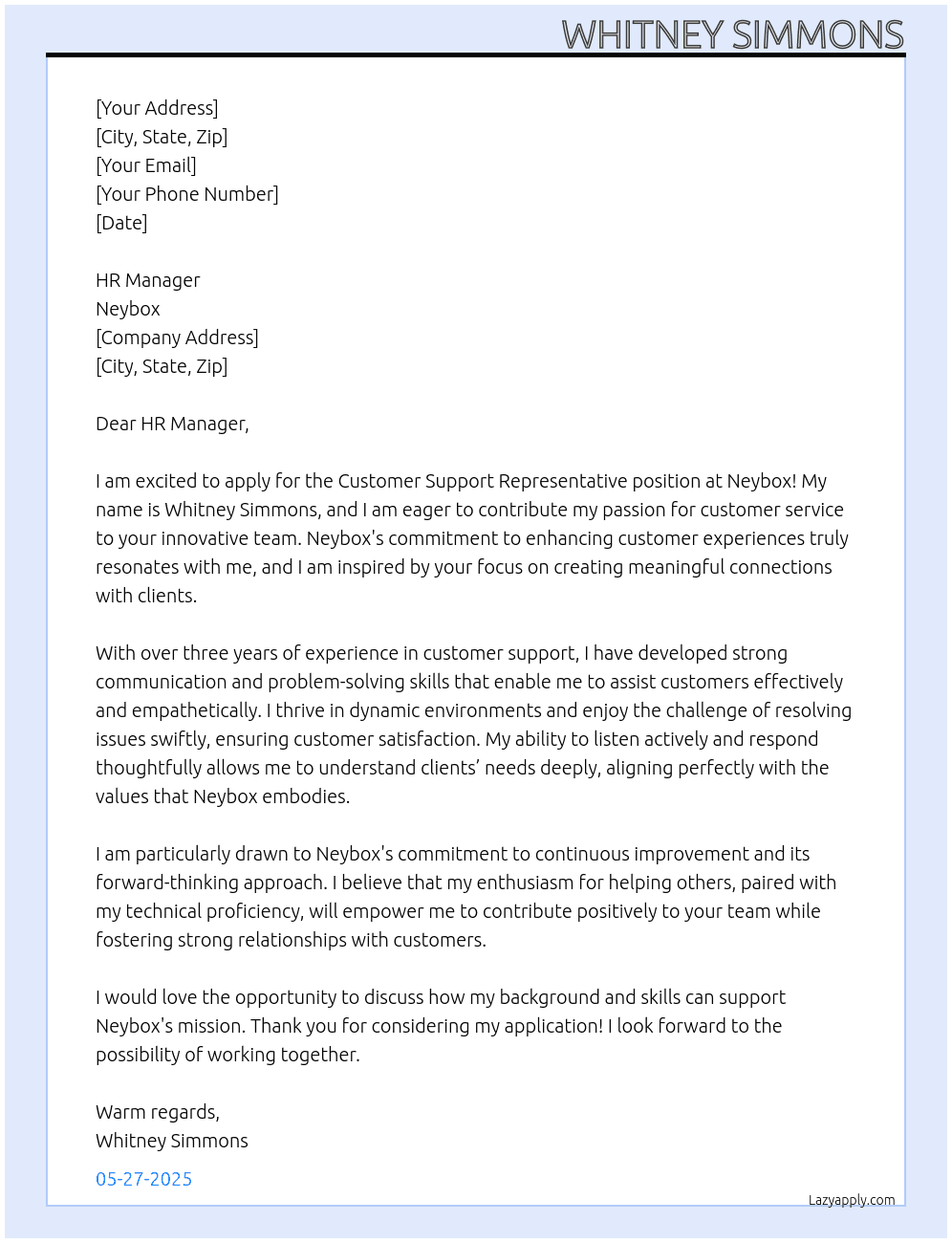 Customer Support Representative At Neybox Cover Letter