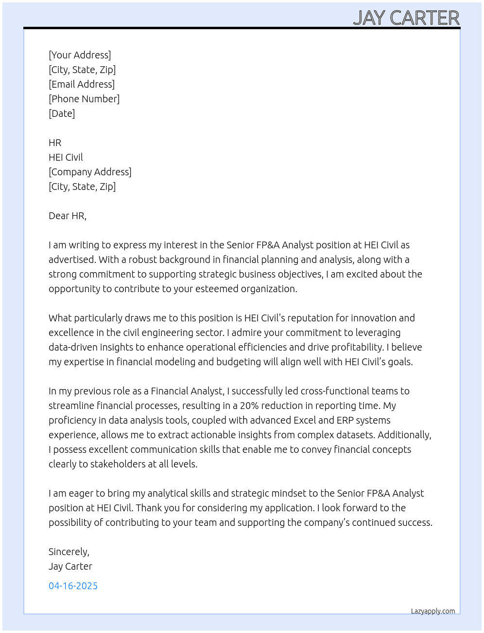 Senior FP&A Analyst At HEI Civil Cover Letter