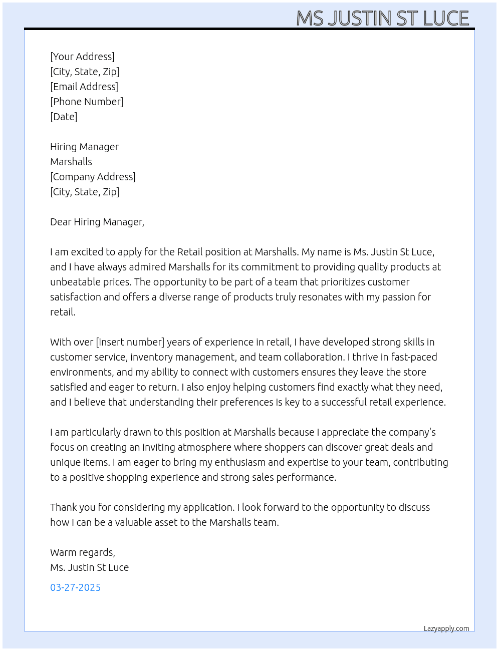 Retail  At Marshalls  Cover Letter