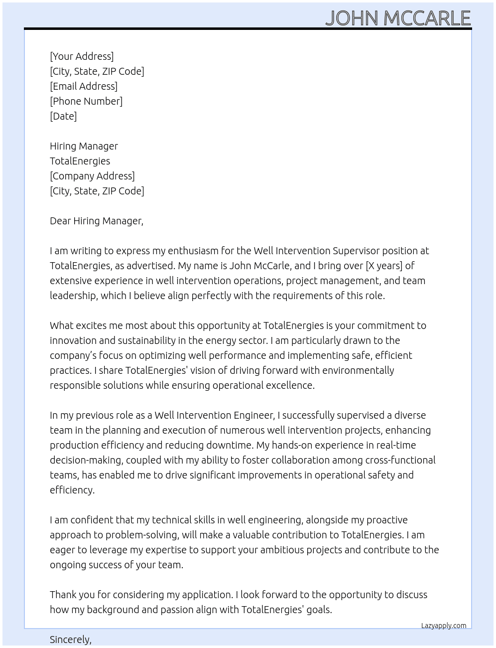 Well Intervention Supervisor At TotalEnergies Cover Letter
