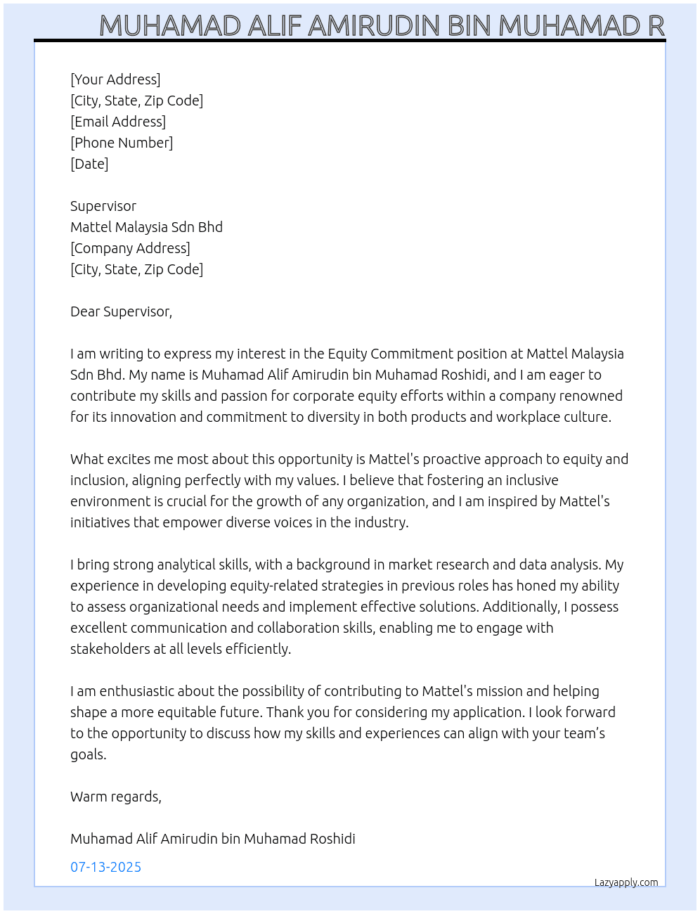 Cover letter for equity commitment letter - LazyApply