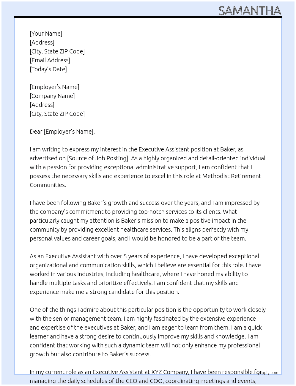 Executive Assistant At Baker Cover Letter