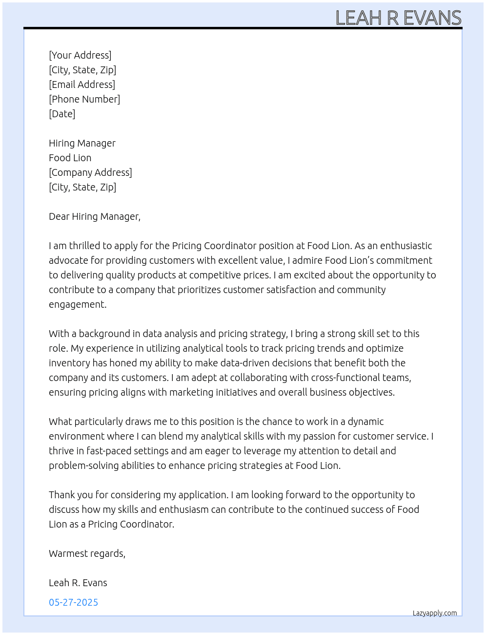 Pricing Coordinator  At Food Lion  Cover Letter