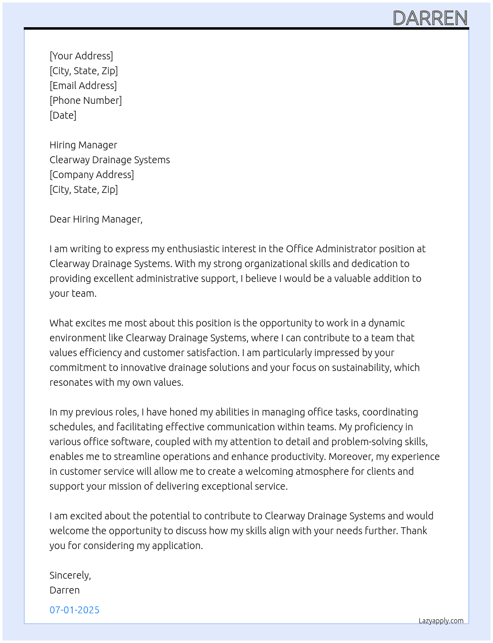 Office Administrator At Clearway Drainage Systems Cover Letter