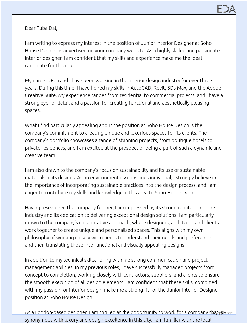 Cover letter for junior interior designer - LazyApply