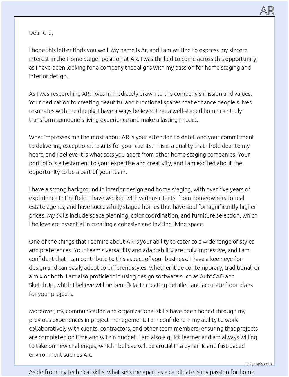 home stager At ar Cover Letter