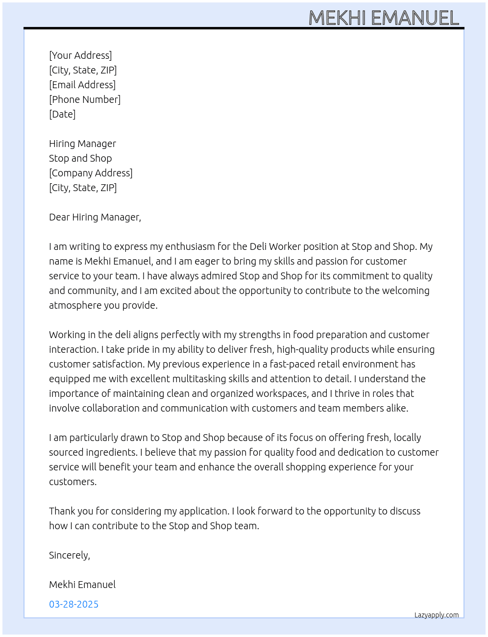 Deli worker  At Stop and shop  Cover Letter