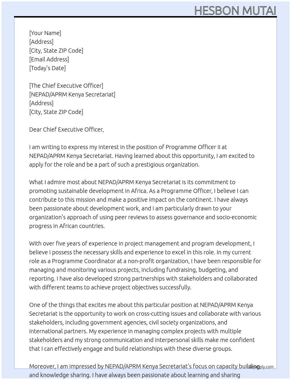 PROGRAMME OFFICER II At NEPAD/APRM KENYA SECRETARIAT Cover Letter