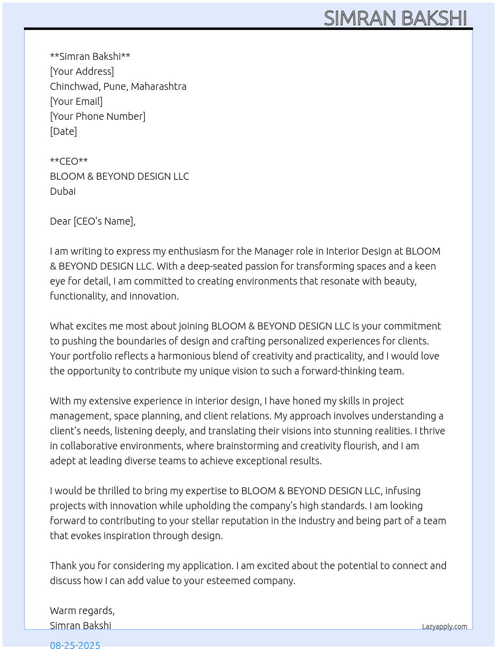 Cover letter for interior design - LazyApply