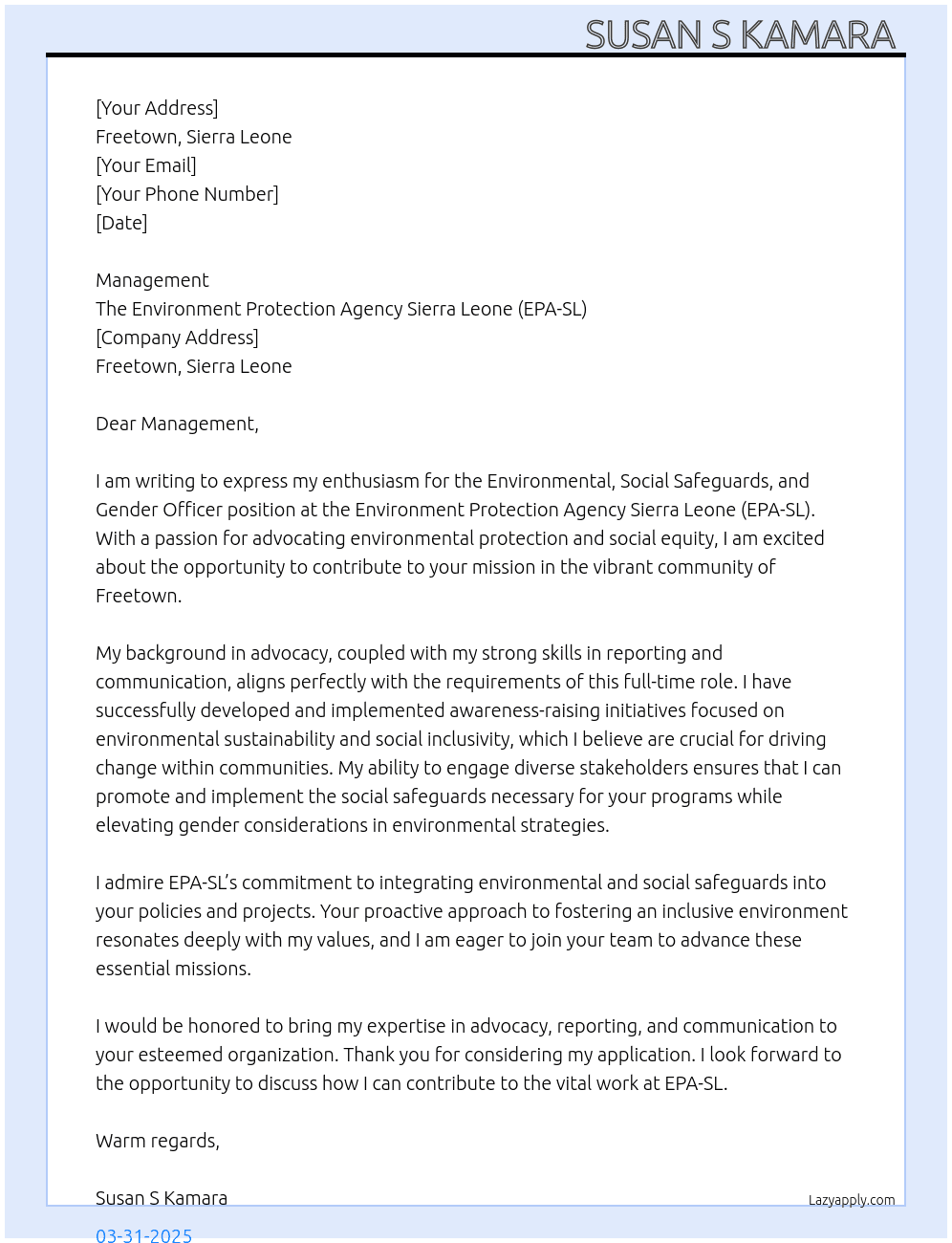 Cover letter for environmental, social safeguards and gender officer - LazyApply