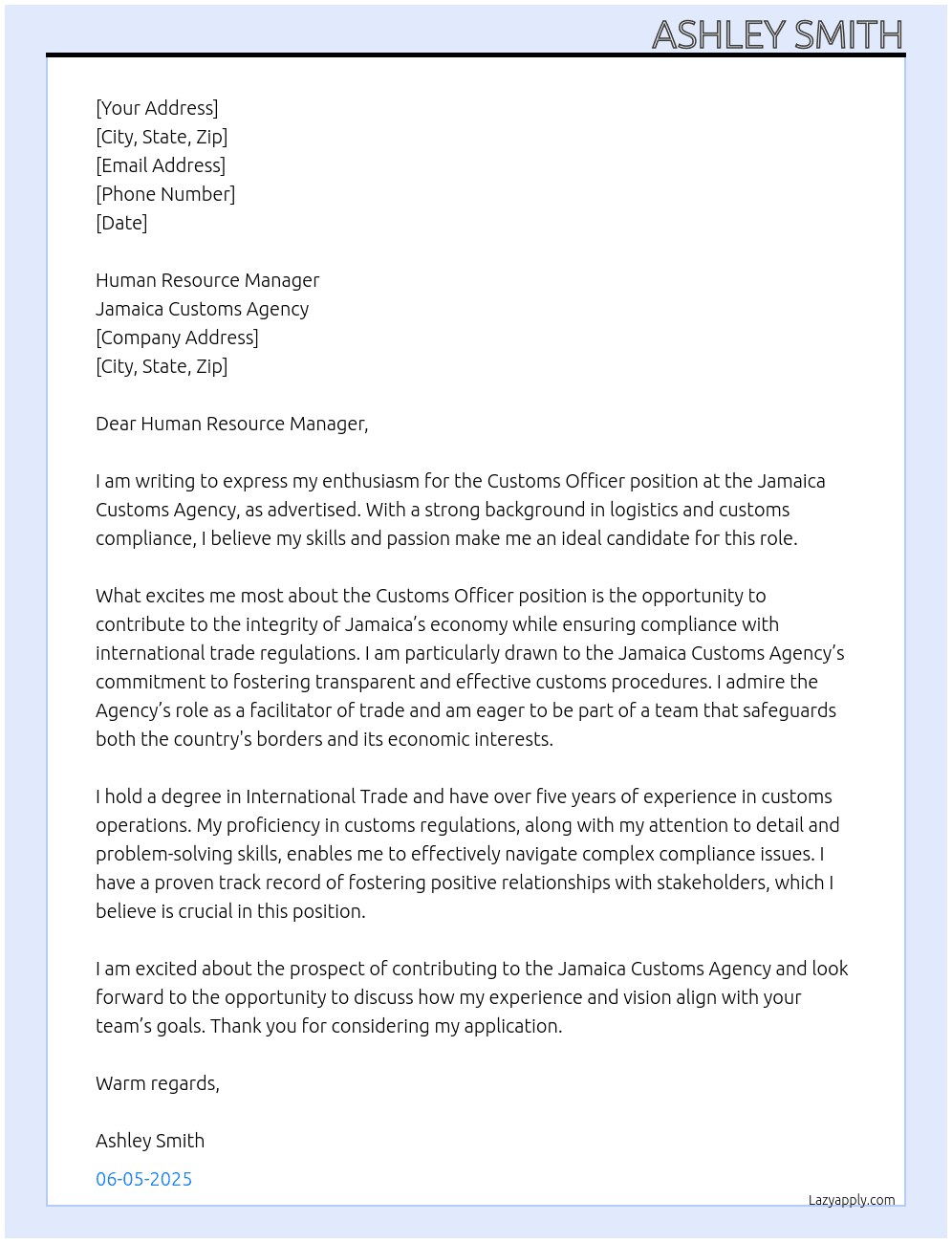 Customs Officer At Jamaica Customs Agency Cover Letter