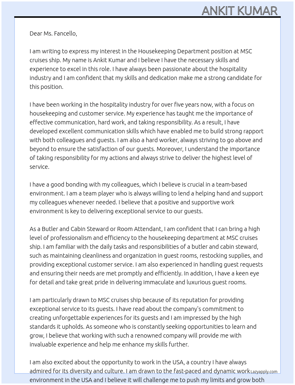 Housekeeping department  At MSC cruises ship Cover Letter