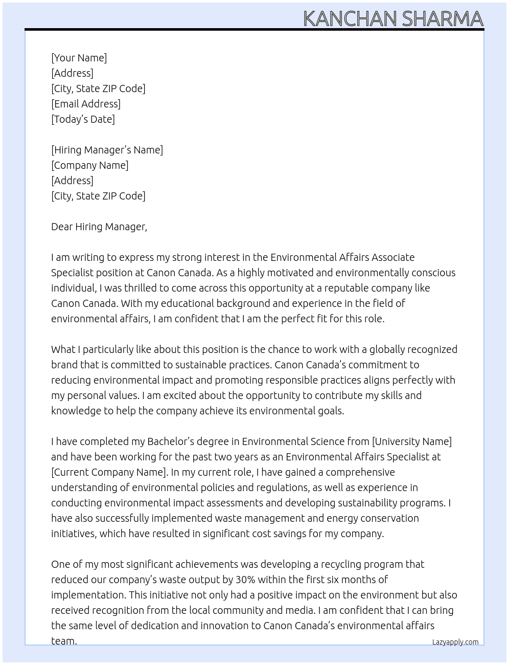 Environmental Affairs Associate Specialist At Canon Canada Cover Letter