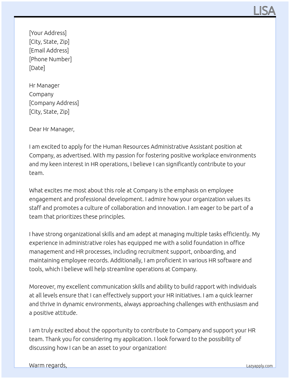 Cover letter for human resources administrative assistant - LazyApply
