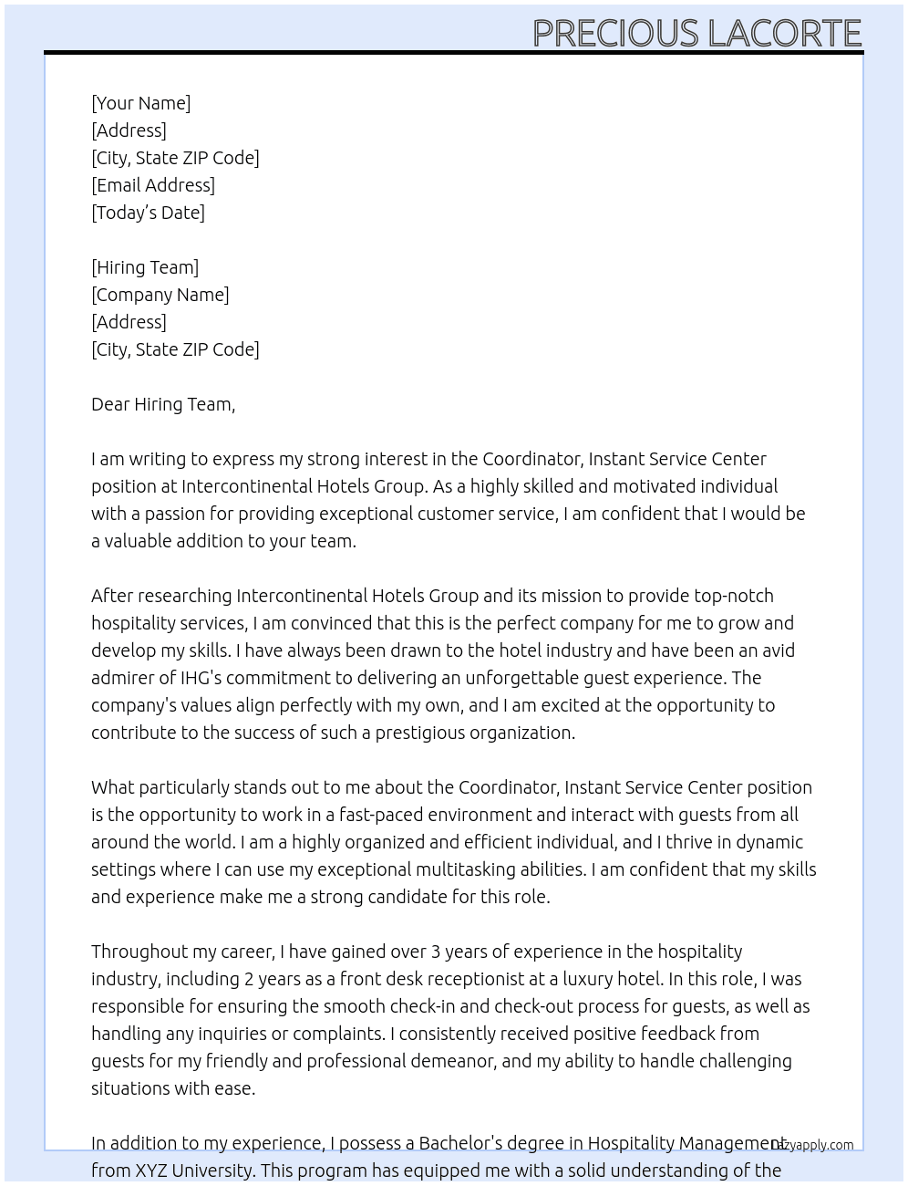 Coordinator, Instant Service Center At Intercontinental Hotels Group Cover Letter