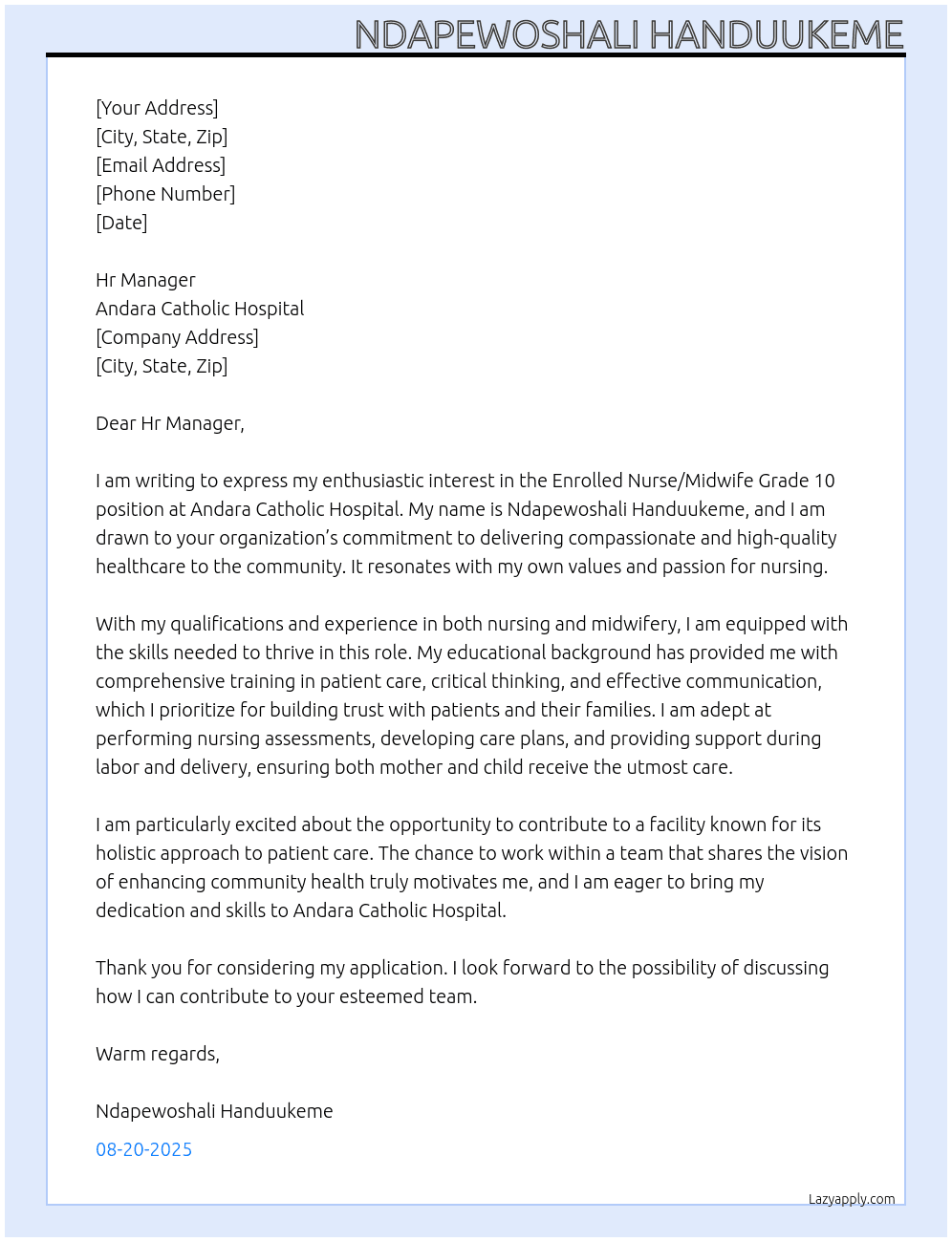 Cover letter for enrolled nurse/ midwife grade 10 - LazyApply