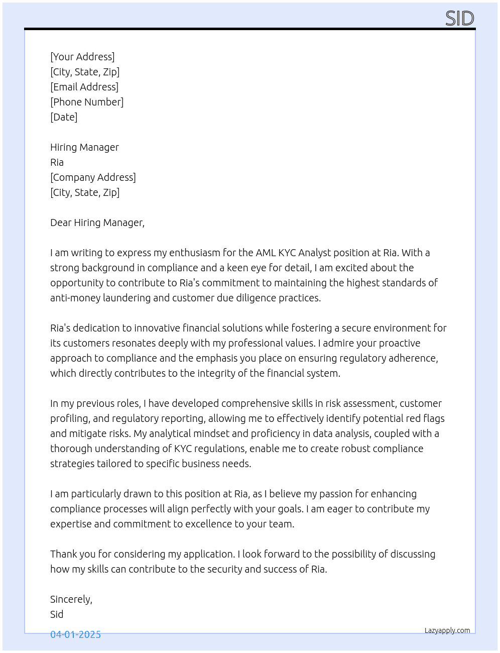 Aml kyc analyst  At Ria Cover Letter