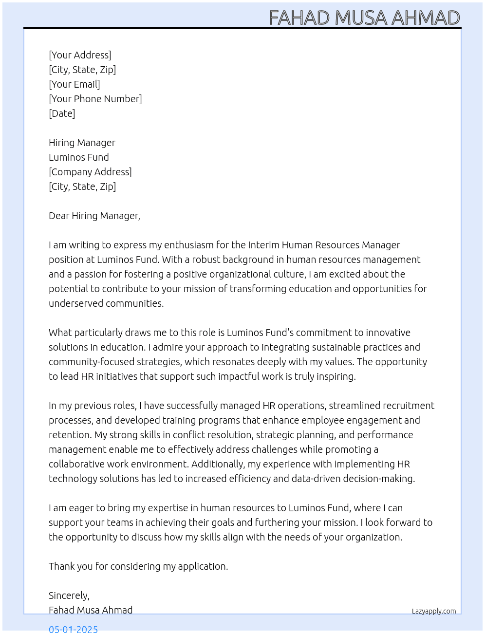 Interim Human Resources Manager At Luminos Fund Cover Letter