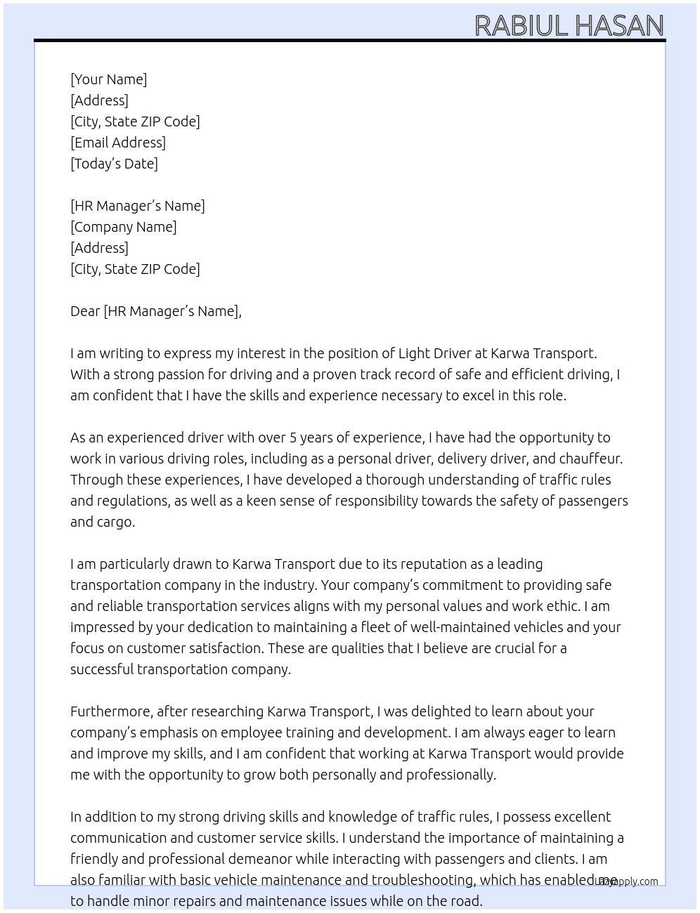 LIGHT DRIVER At KARWA TRANSPORT Cover Letter
