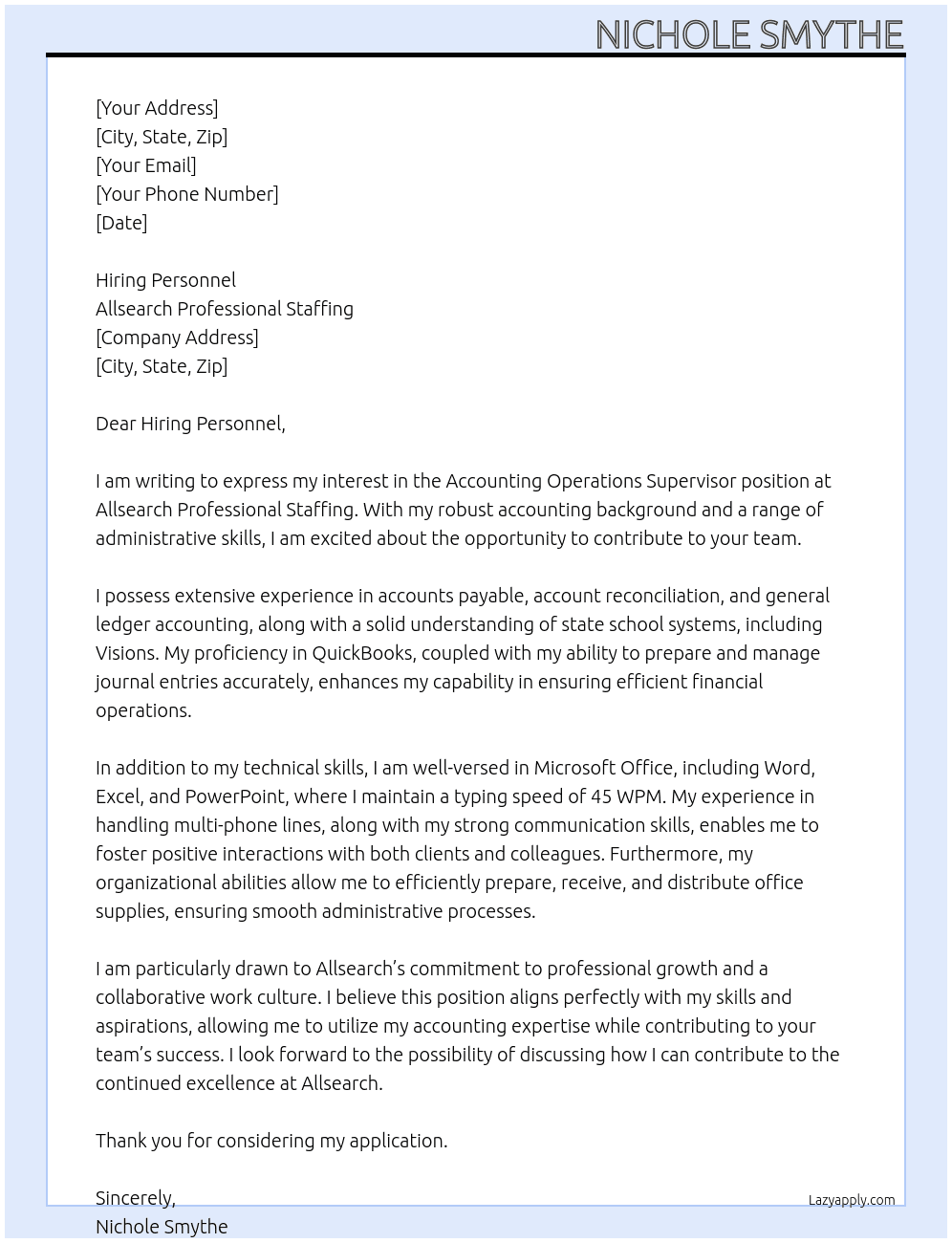 Accounting Operations supervisor  At Allsearch professional staffing  Cover Letter