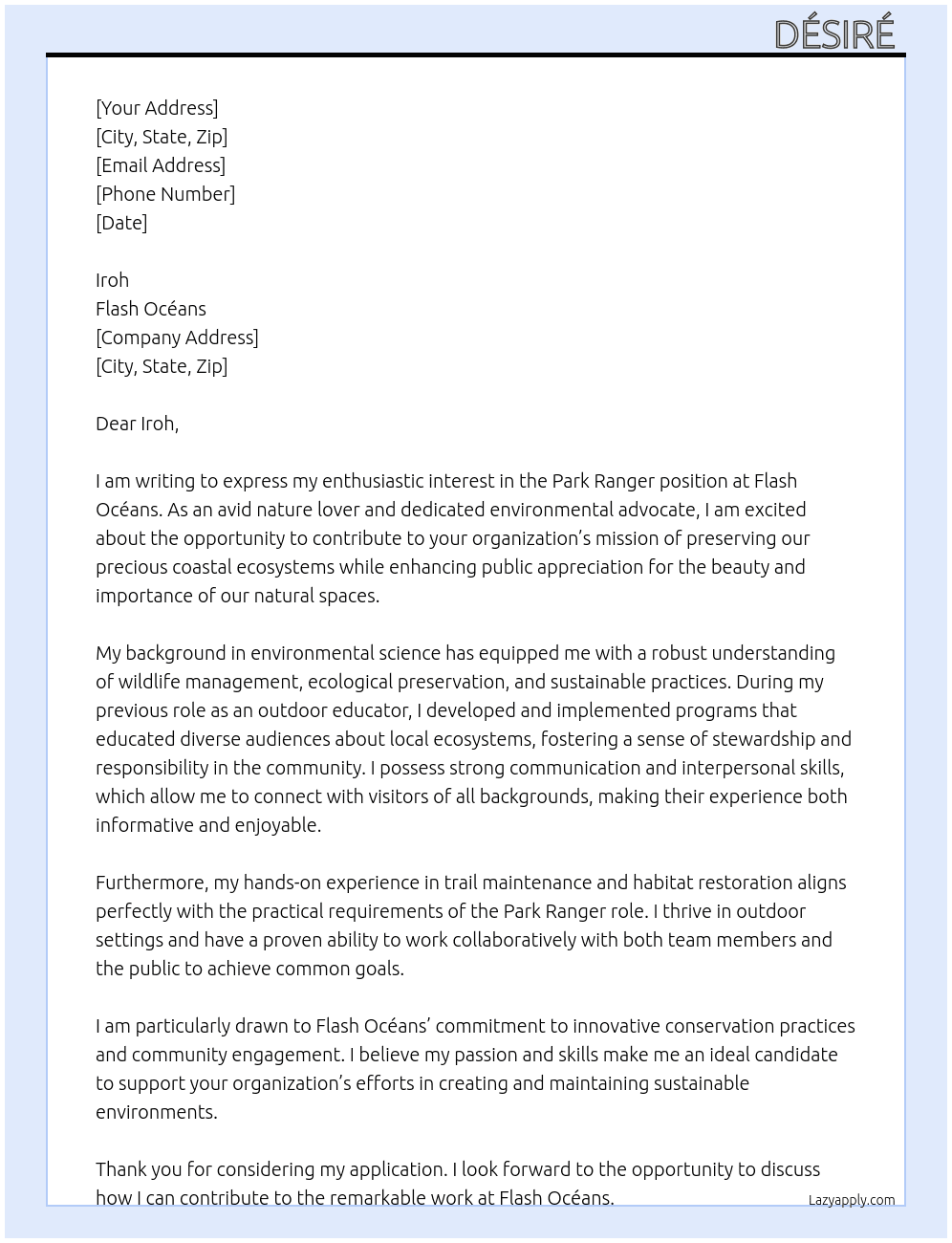 Park ranger At Flash océans  Cover Letter