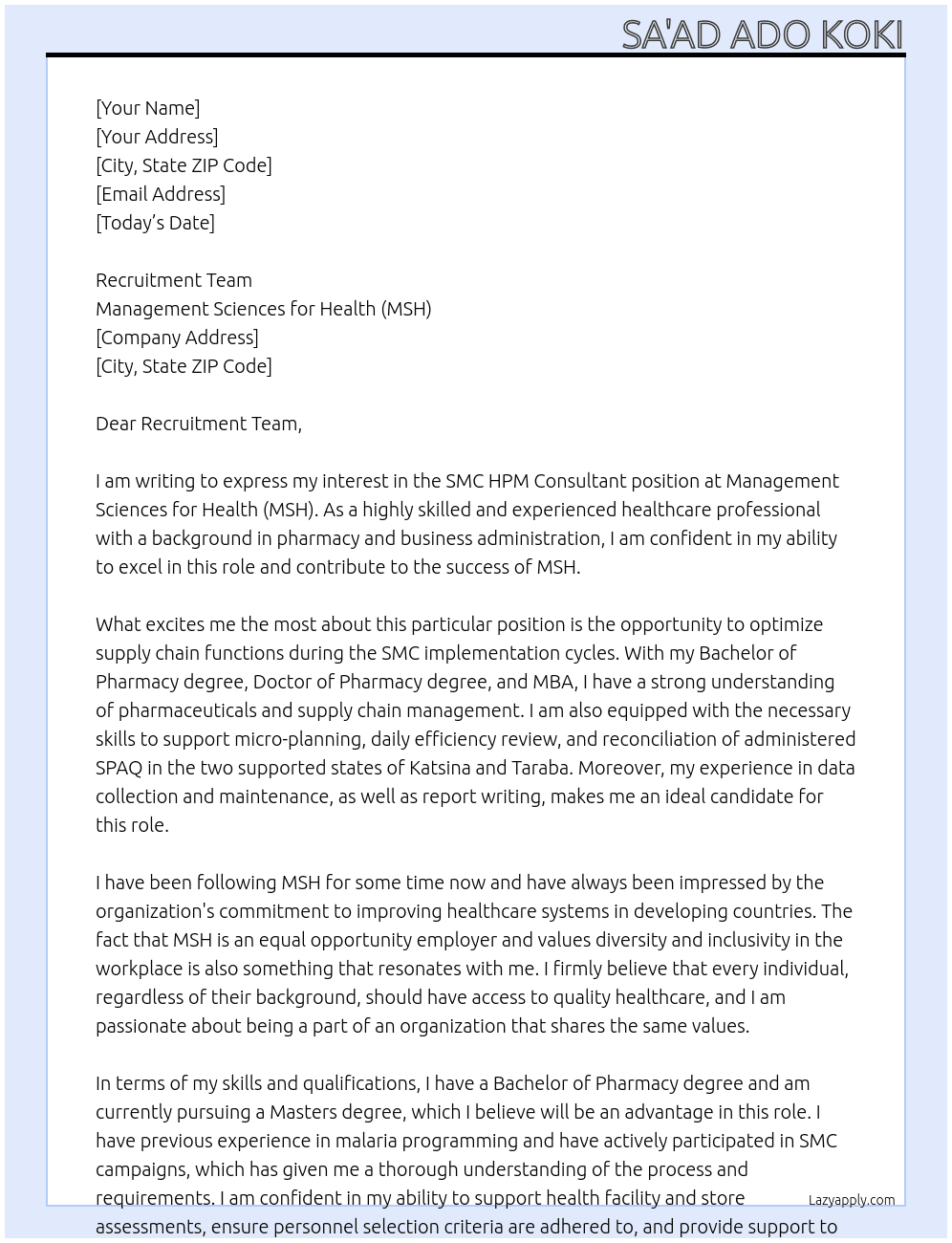 Cover letter for smc hpm consultant - LazyApply