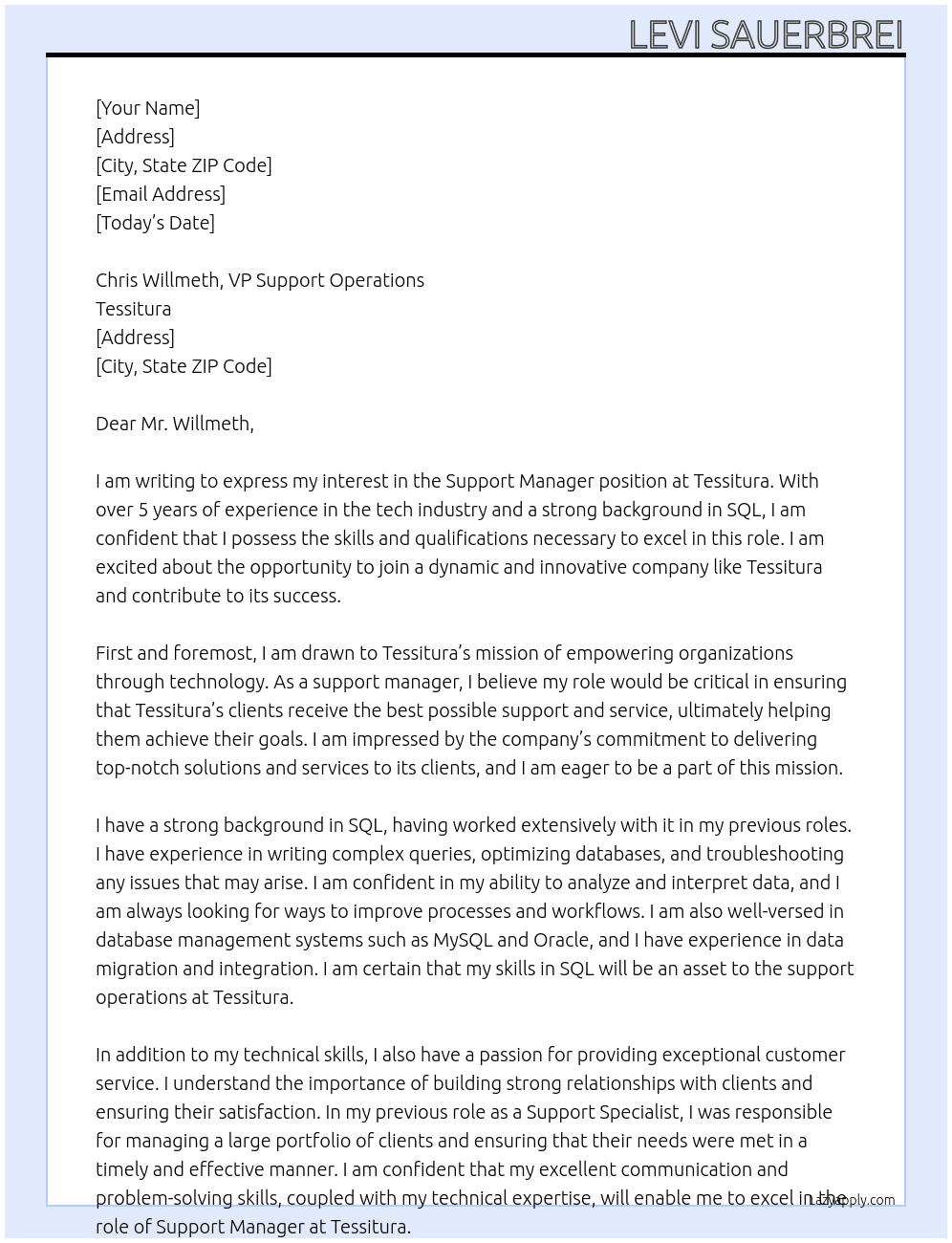 Support Manager At Tessitura Cover Letter