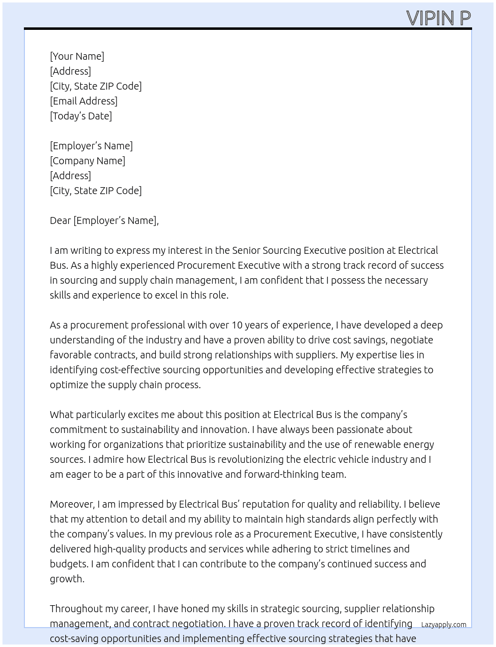 Senior Sourcing Executive  At Electrical bus Cover Letter