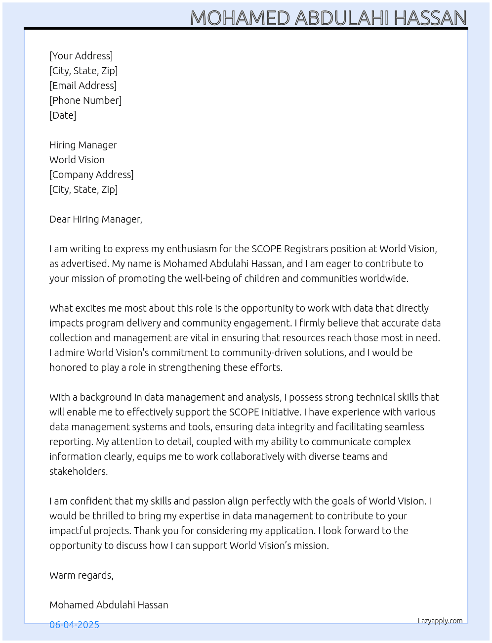 SCOPE Registrars At World vision Cover Letter