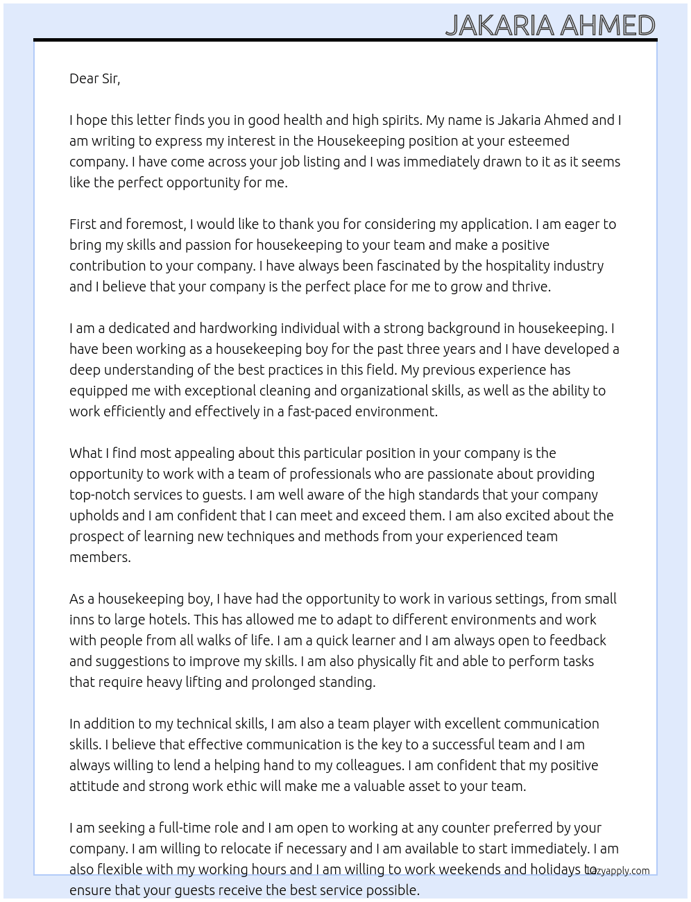 Housekeeping  At Any company  Cover Letter