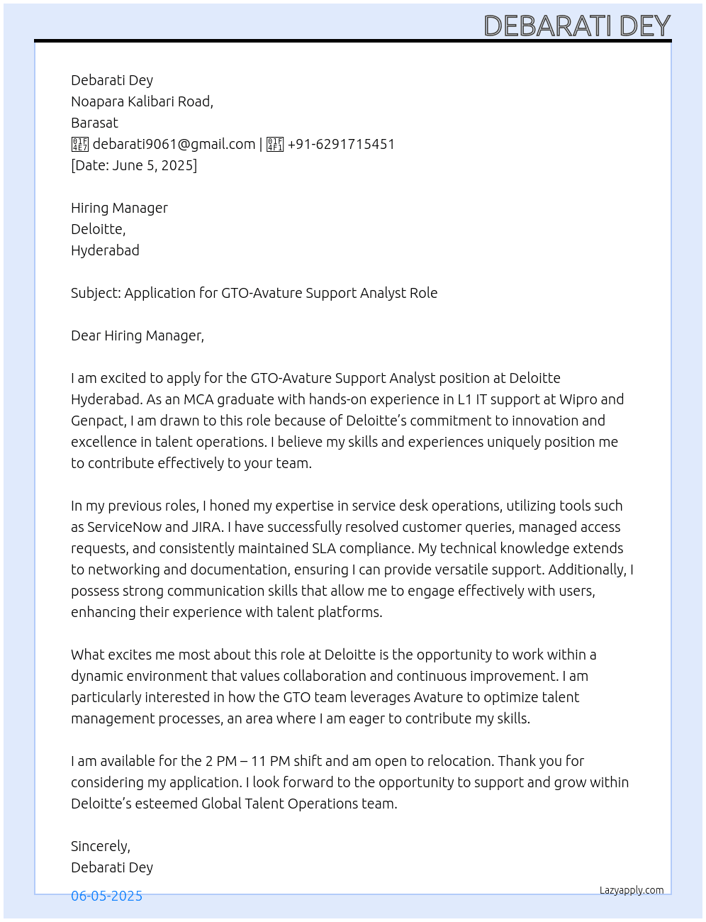 Cover letter for gto-avature support analyst- hyderabad - LazyApply