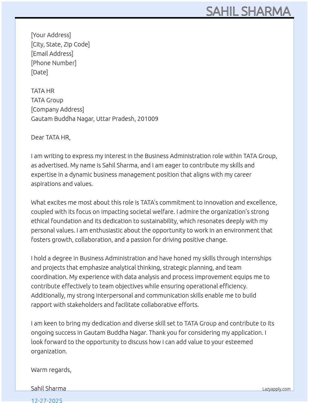 Cover letter for business administration - LazyApply