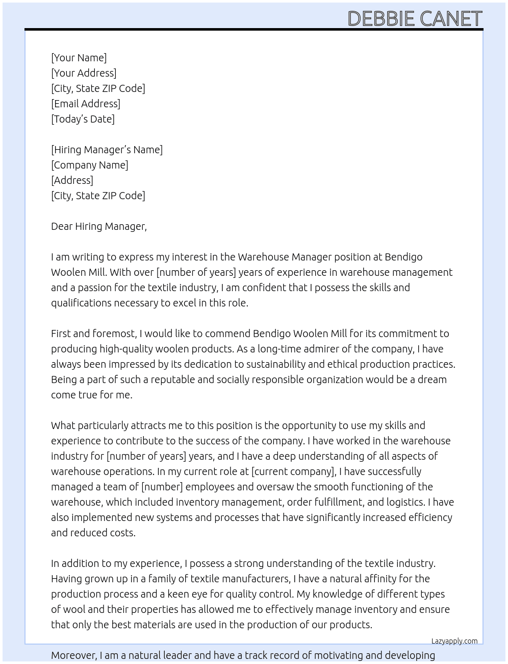 Warehouse Manager At Bendigo Woolen Mill Cover Letter