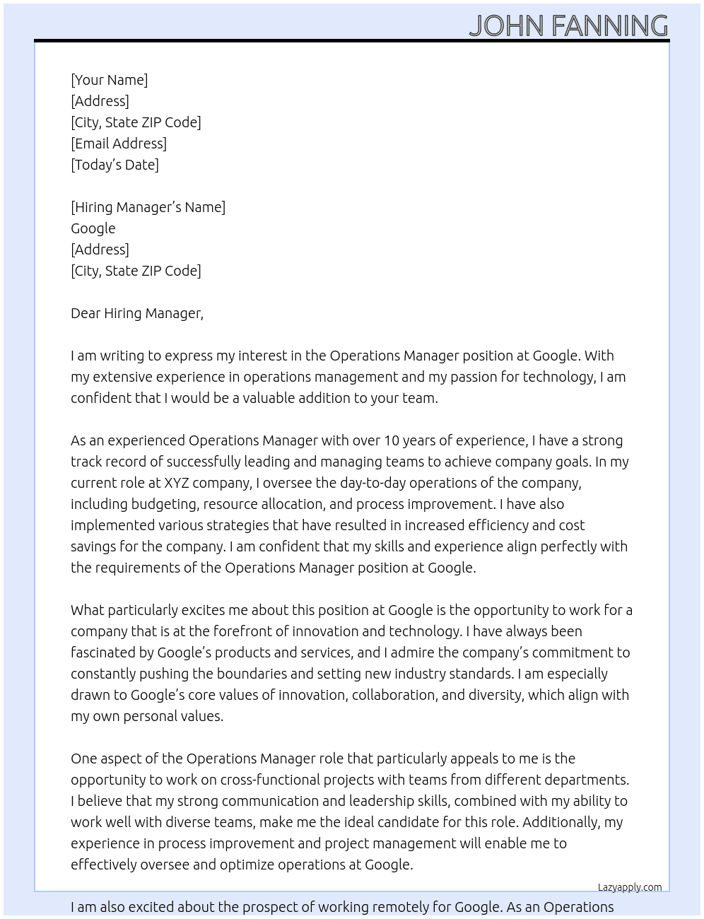 Operations Manager At Google Cover Letter