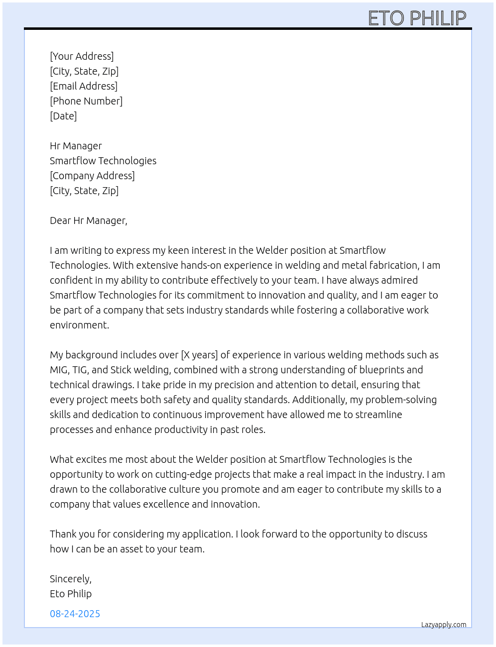 Welder At Smartflow technologies  Cover Letter
