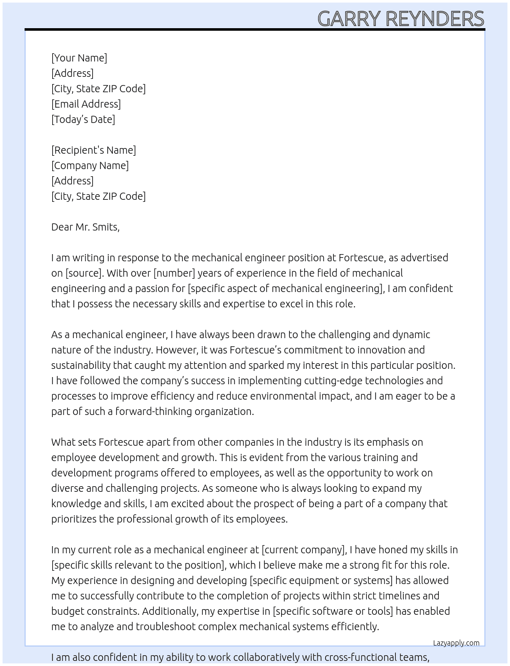 mechanical engineer At fortescue Cover Letter
