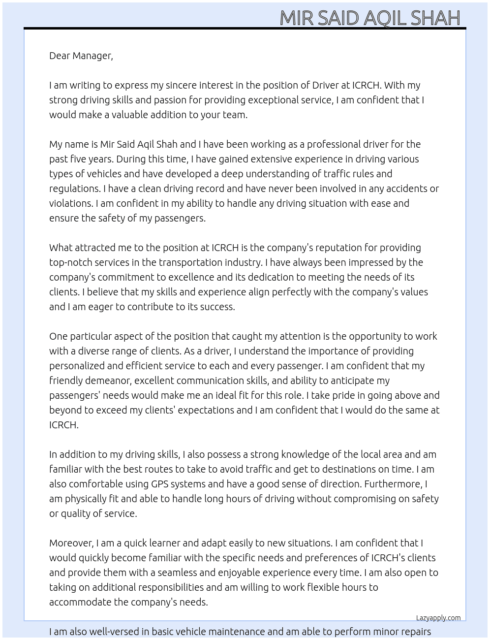Driver At ICRCH Cover Letter