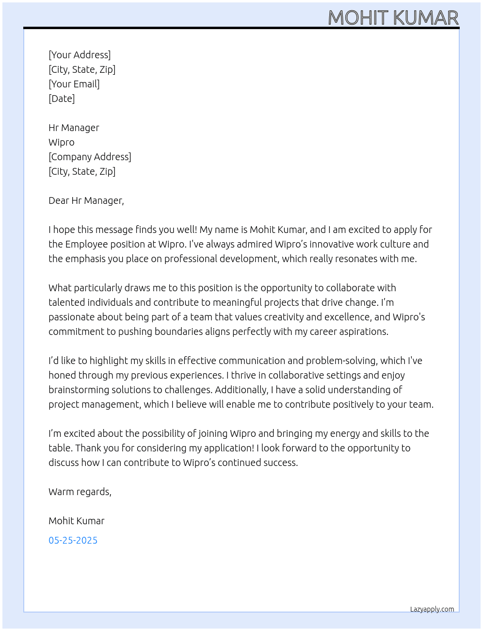 Employee At Wipro Cover Letter