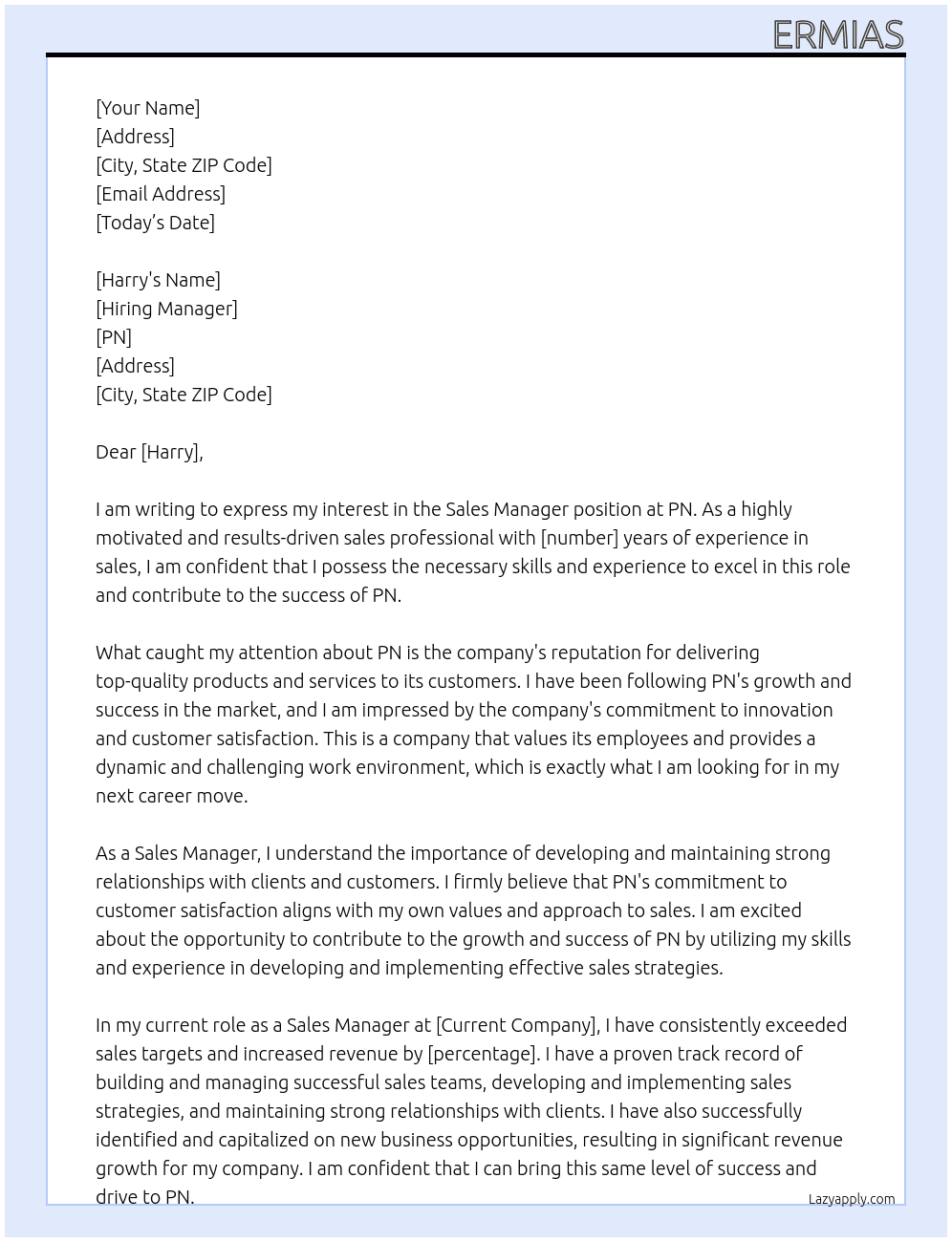 Sales Manager At PN Cover Letter