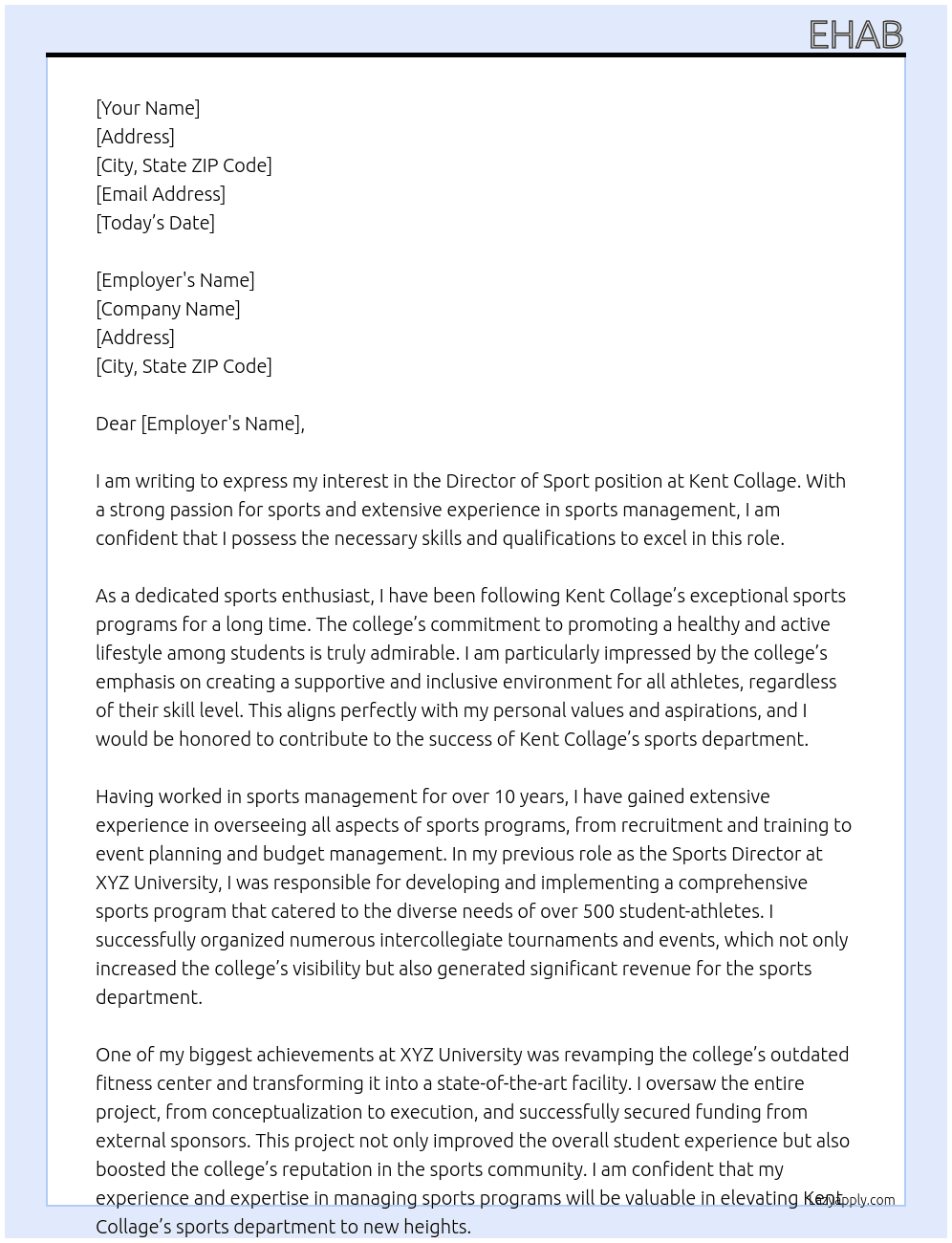 Director of Sport At Kent Collage Cover Letter