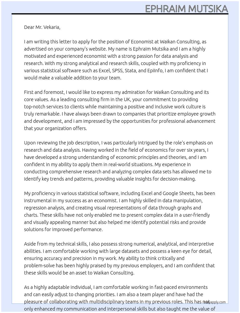 Economist  At Waikan Consulting Cover Letter