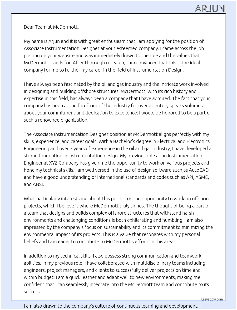 Associate Instrumentation Designer At McDermott Cover Letter