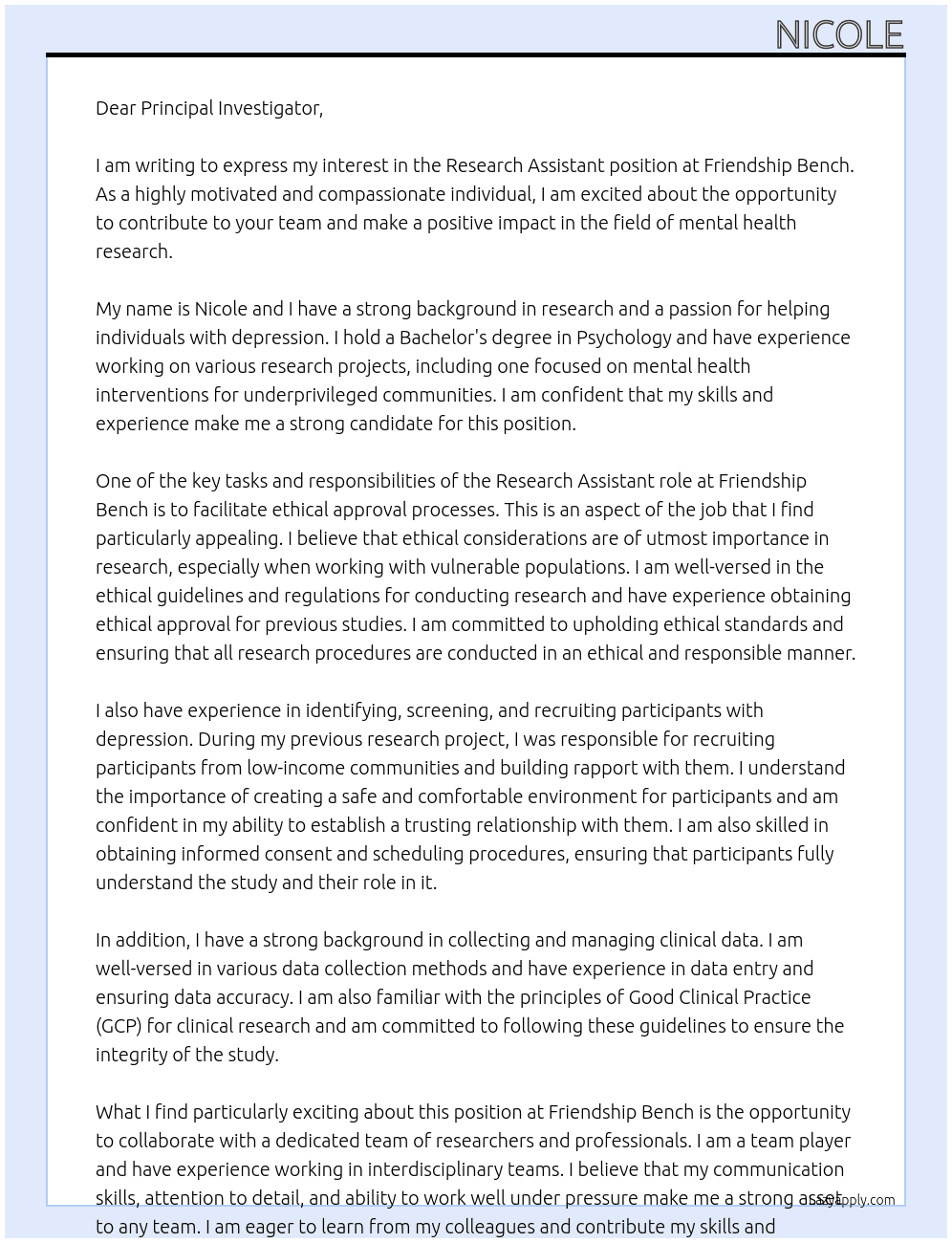 Research assistant  At Friendship bench Cover Letter
