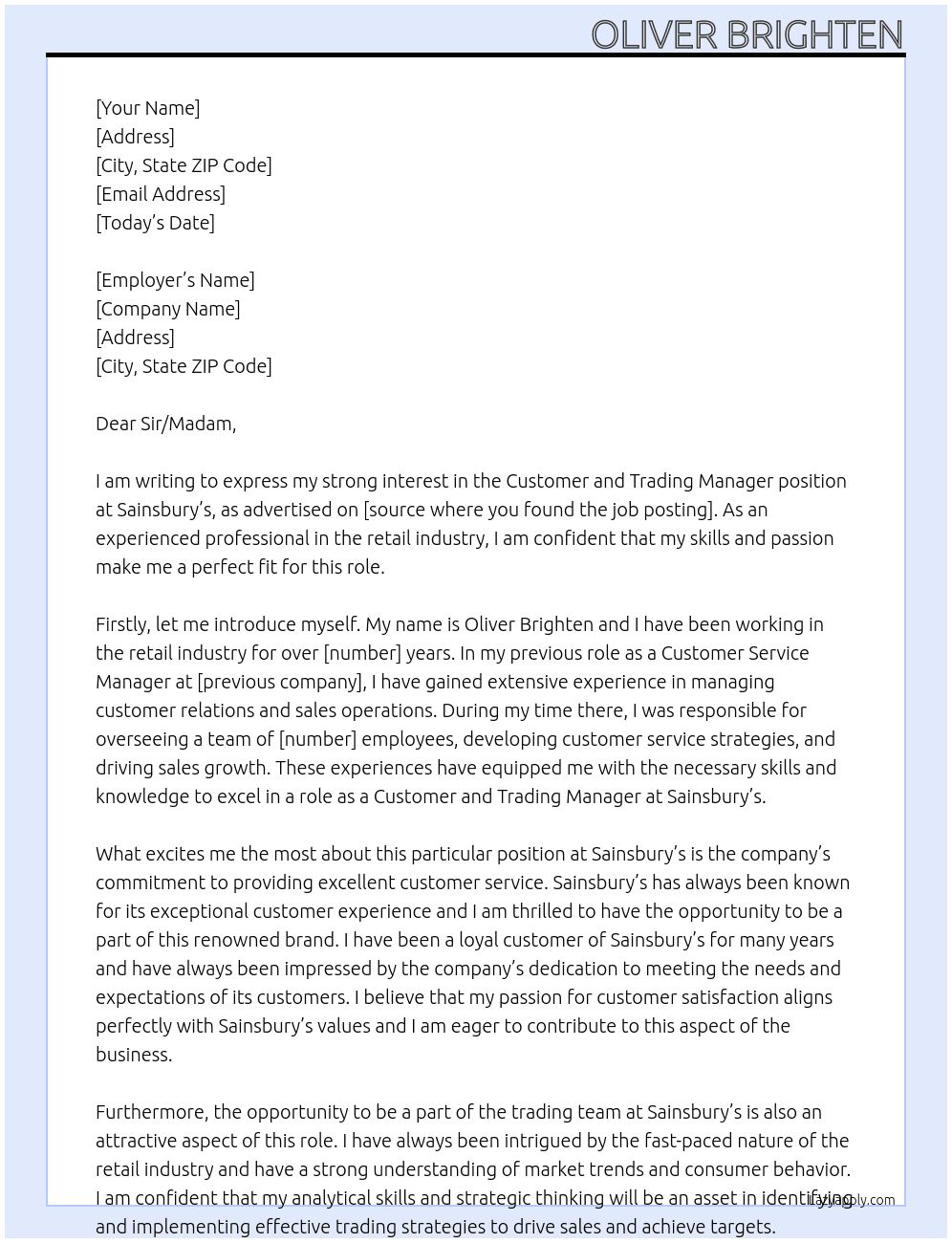 Customer and trading manager At Sainsburys  Cover Letter