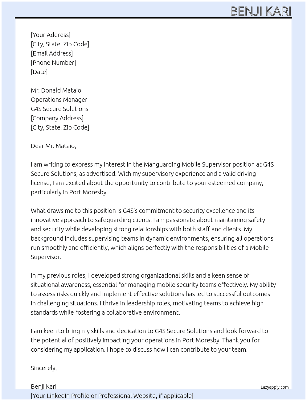  Manguarding Mobile Supervisor  At G4S Secure Solution  Cover Letter