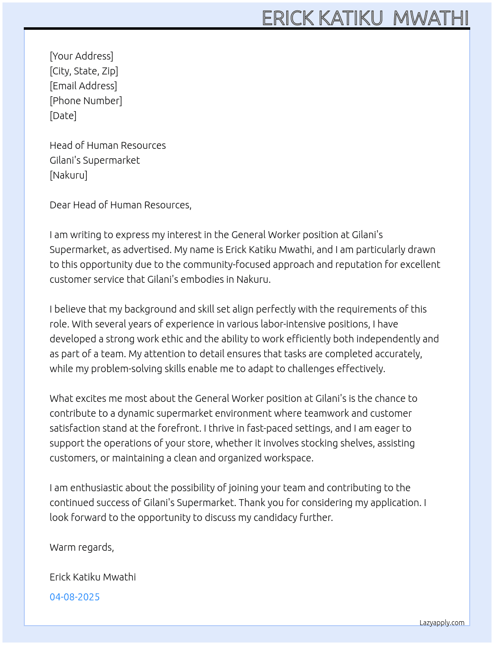 general worker At Gilani's supermarket Cover Letter