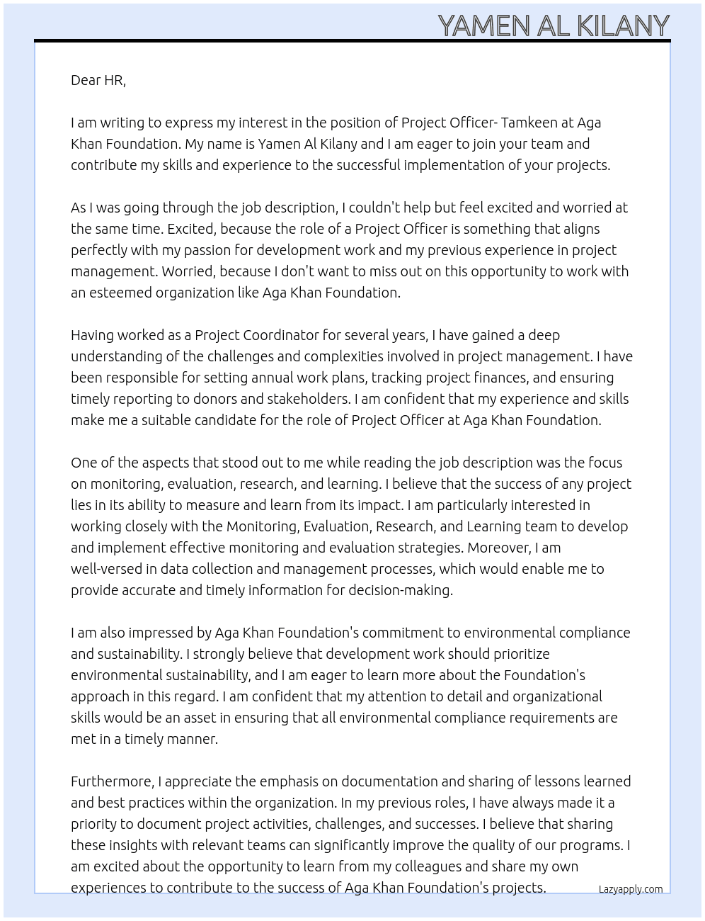 Project Officer- Tamkeen At Aga Khan Foundation Cover Letter